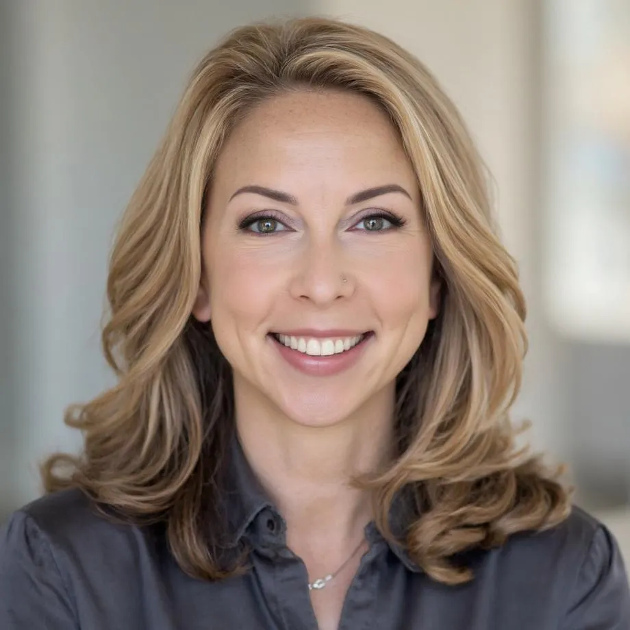 A professional headshot of a smiling woman with shoulder-length blonde hair styled in soft waves. She is wearing a dark gray collared blouse and subtle makeup, with a small nose stud and delicate necklace visible. The background is softly blurred with neutral indoor tones, creating a clean and approachable professional portrait.