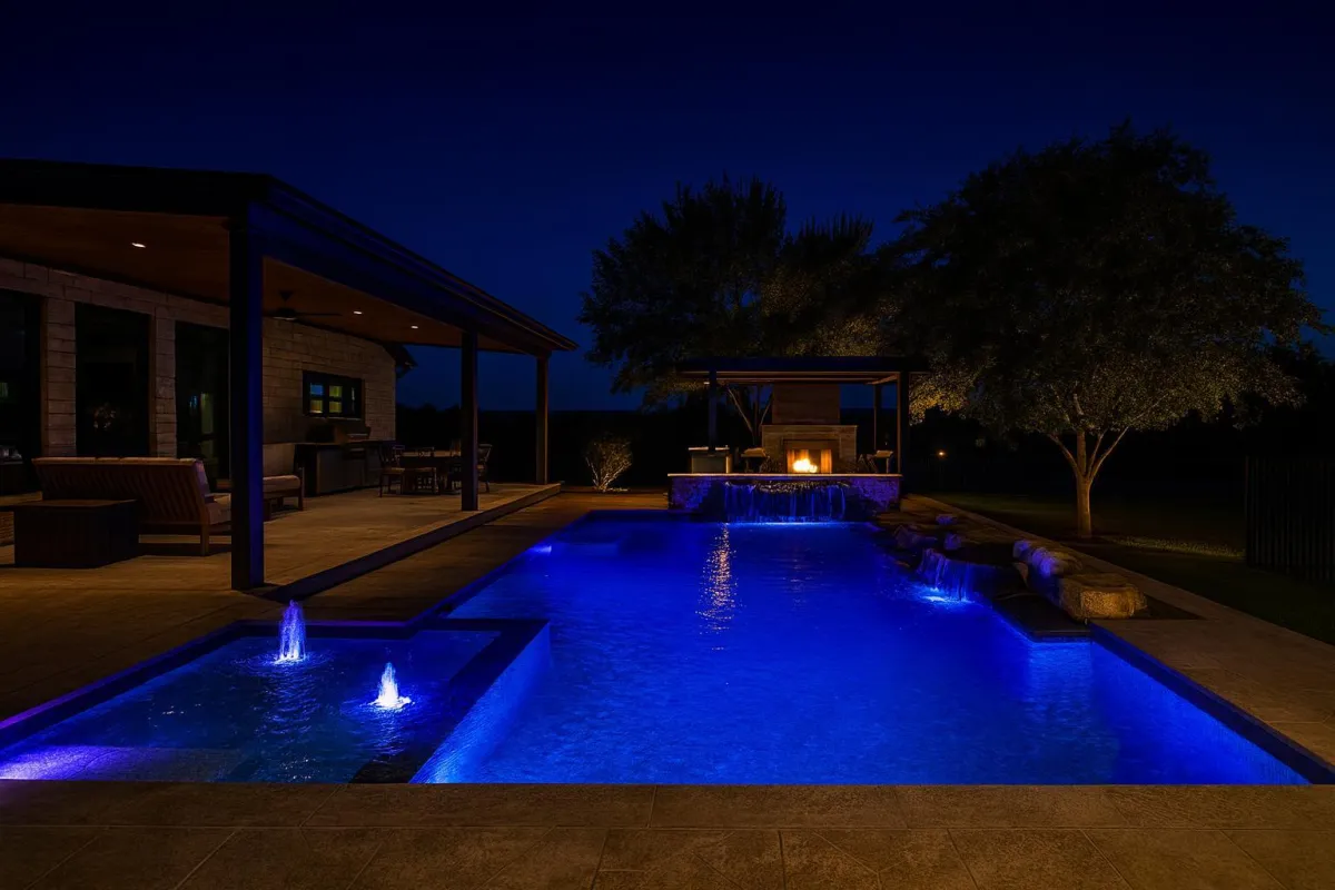 a small pool with lounge chairs next to it