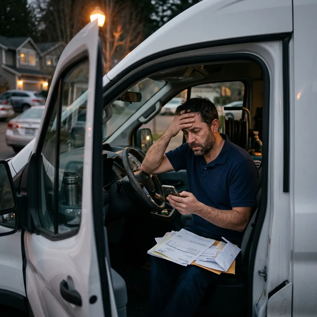 A carpet cleaning business owner sitting in his parked van at dusk, frustrated, looking at an ad bill on his phone