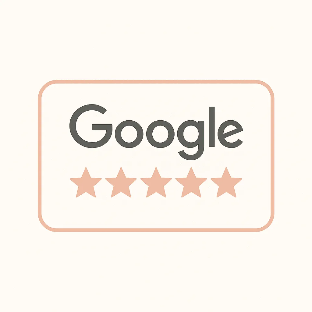 "Google 5-star review badge with minimalist peach stars and rounded border, symbolizing high client satisfaction for Lioness Laser Studio.