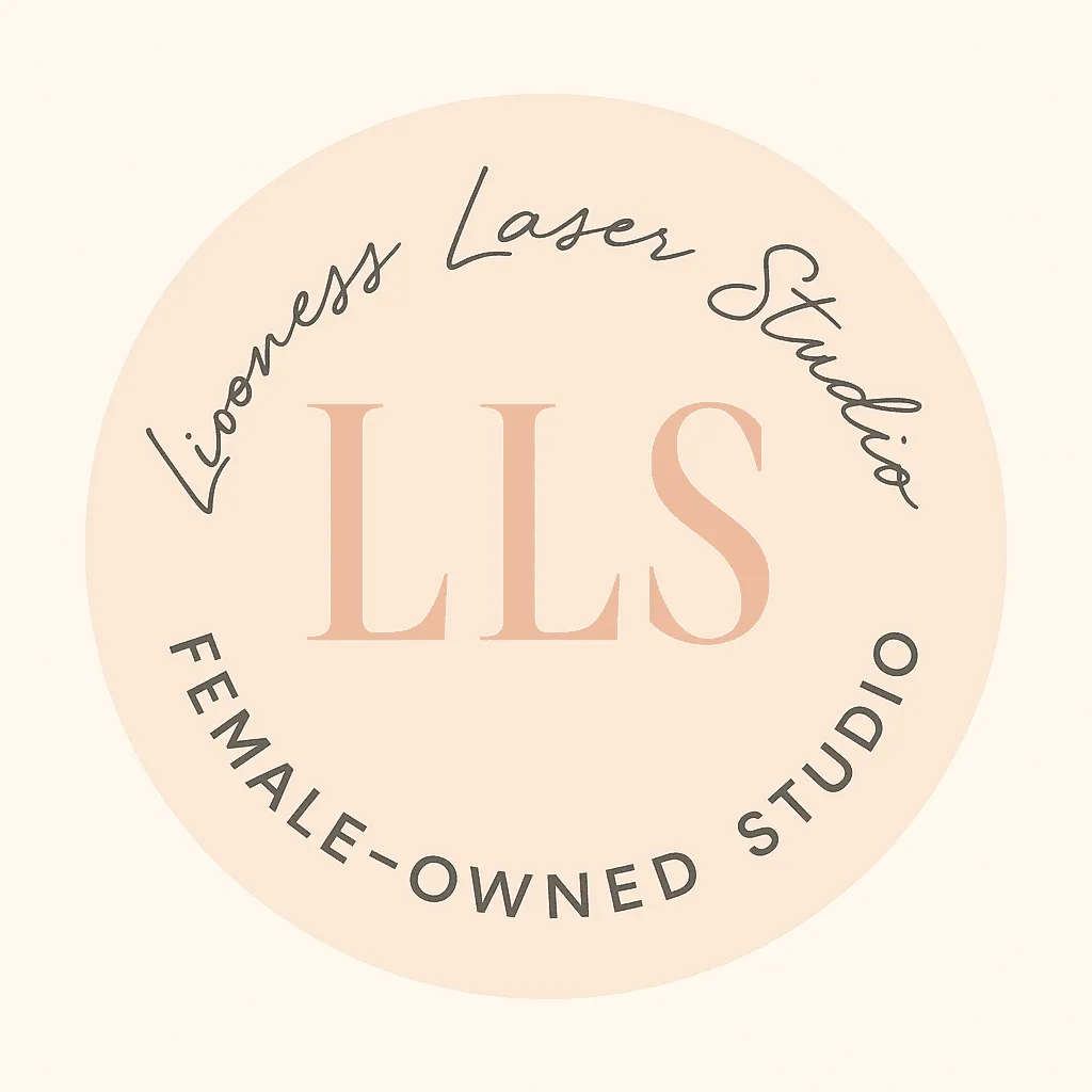 “Lioness Laser Studio badge with soft peach circle and text reading ‘LLS – Female-Owned Studio,’ emphasizing the studio’s woman-led identity.”