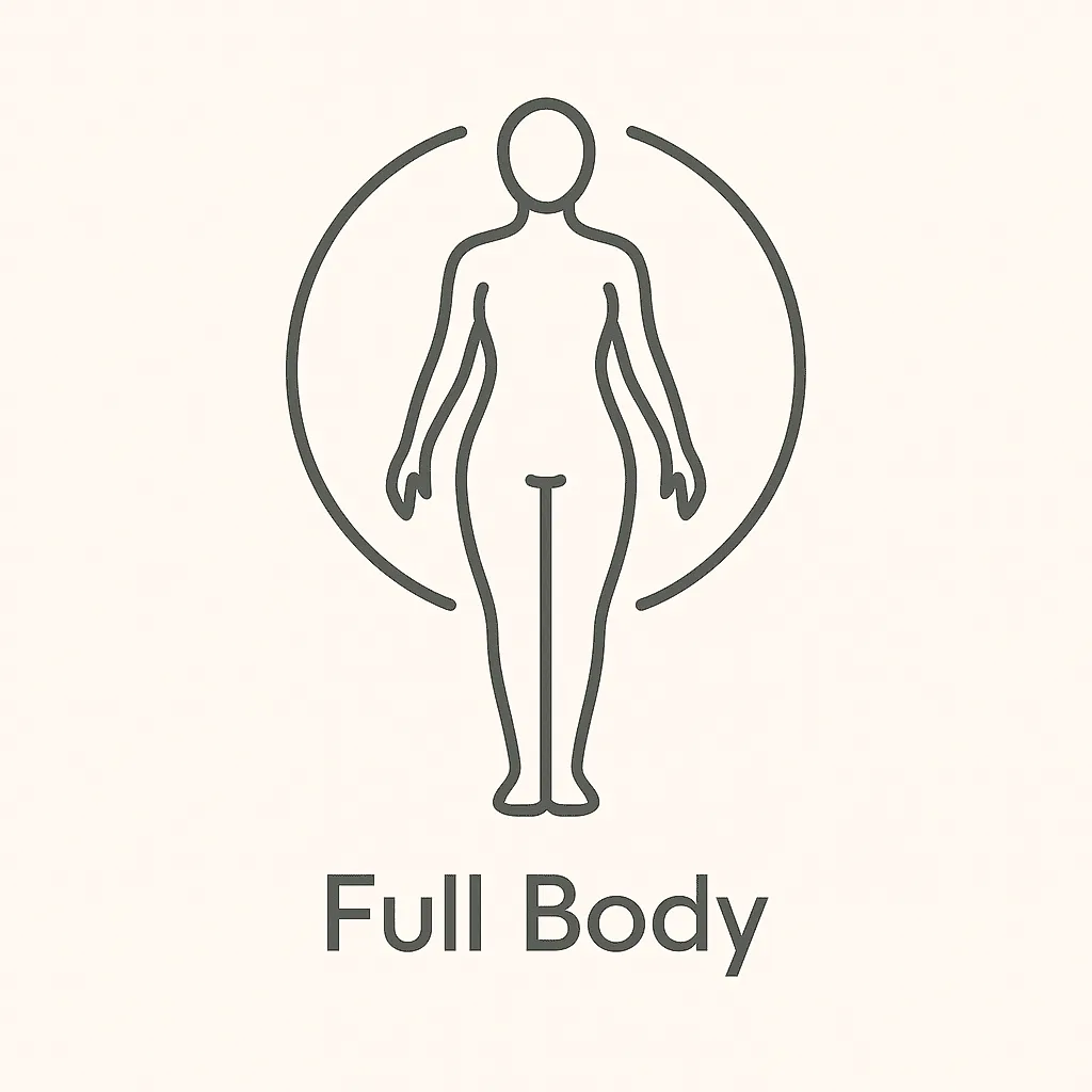 "Minimalist line illustration of a woman’s full body enclosed in a soft circle, representing full-body laser hair removal at Lioness Laser Studio."