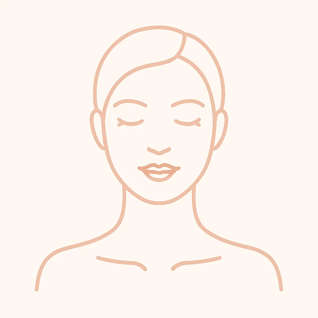 "Minimalist peach-tone line illustration of a woman’s serene face with closed eyes, symbolizing full-face laser hair removal at Lioness Laser Studio."
