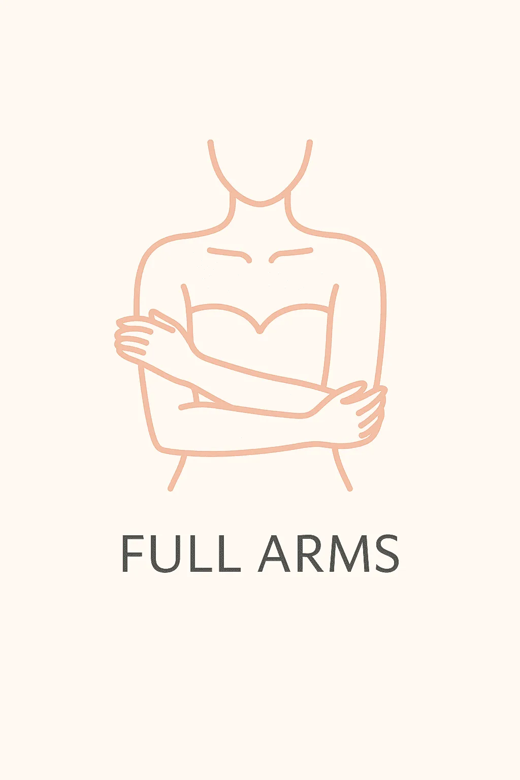 "Flat, minimalist peach illustration of a woman crossing her arms over her chest, symbolizing full arm laser hair removal at Lioness Laser Studio."