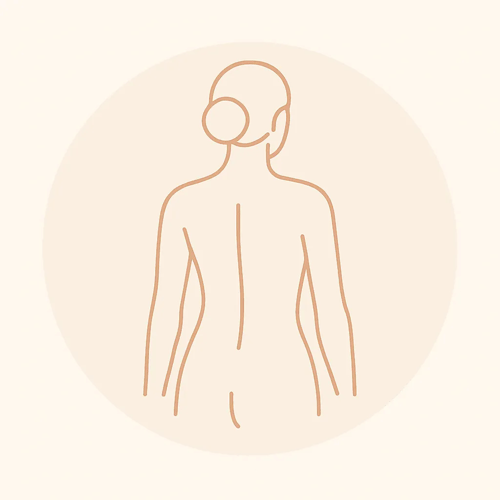 "Minimalist peach-toned illustration of a woman’s back view with tied hair, representing full back laser hair removal at Lioness Laser Studio."