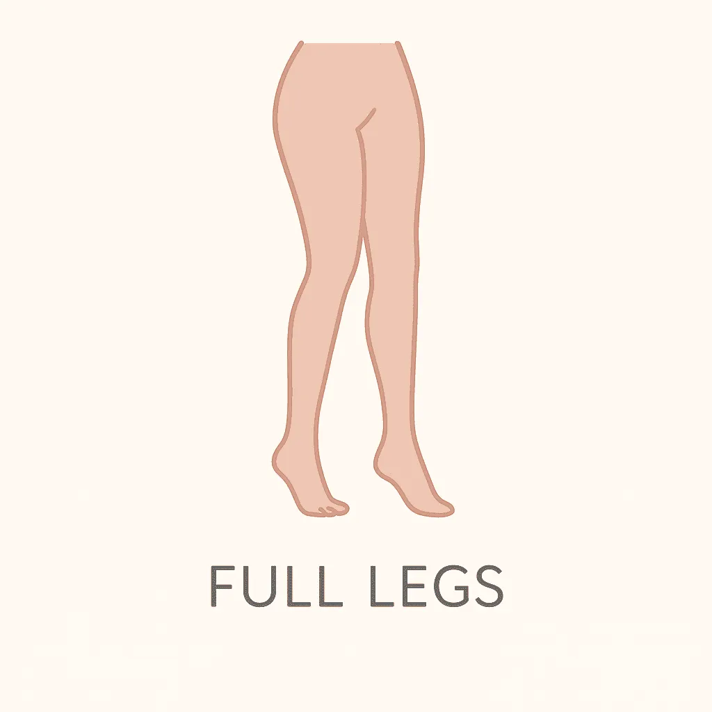 "Minimalist peach-colored illustration of a woman’s legs from hips to feet, representing full leg laser hair removal at Lioness Laser Studio."