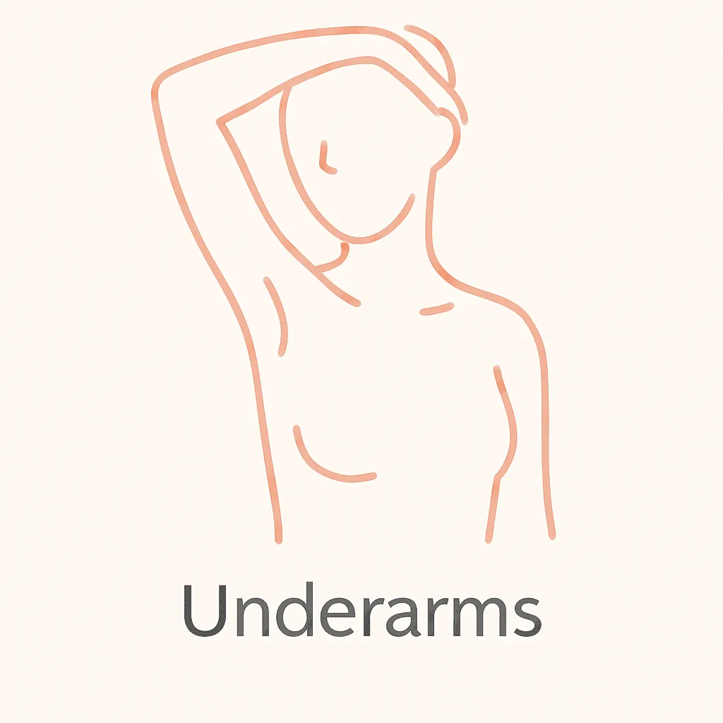 "Minimalist line illustration of a woman raising one arm to expose the underarm area, representing underarm laser hair removal service at Lioness Laser Studio."