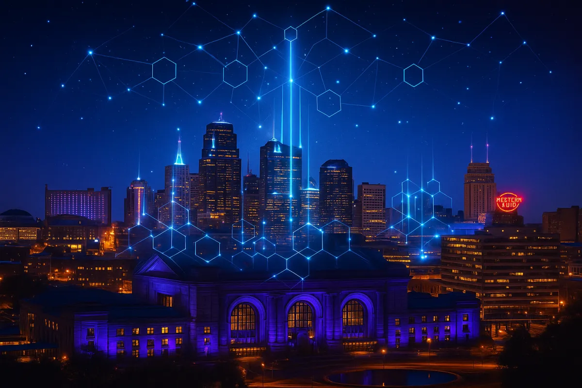 Kansas City skyline at night with glowing futuristic portal, MoveInLab Finder experience