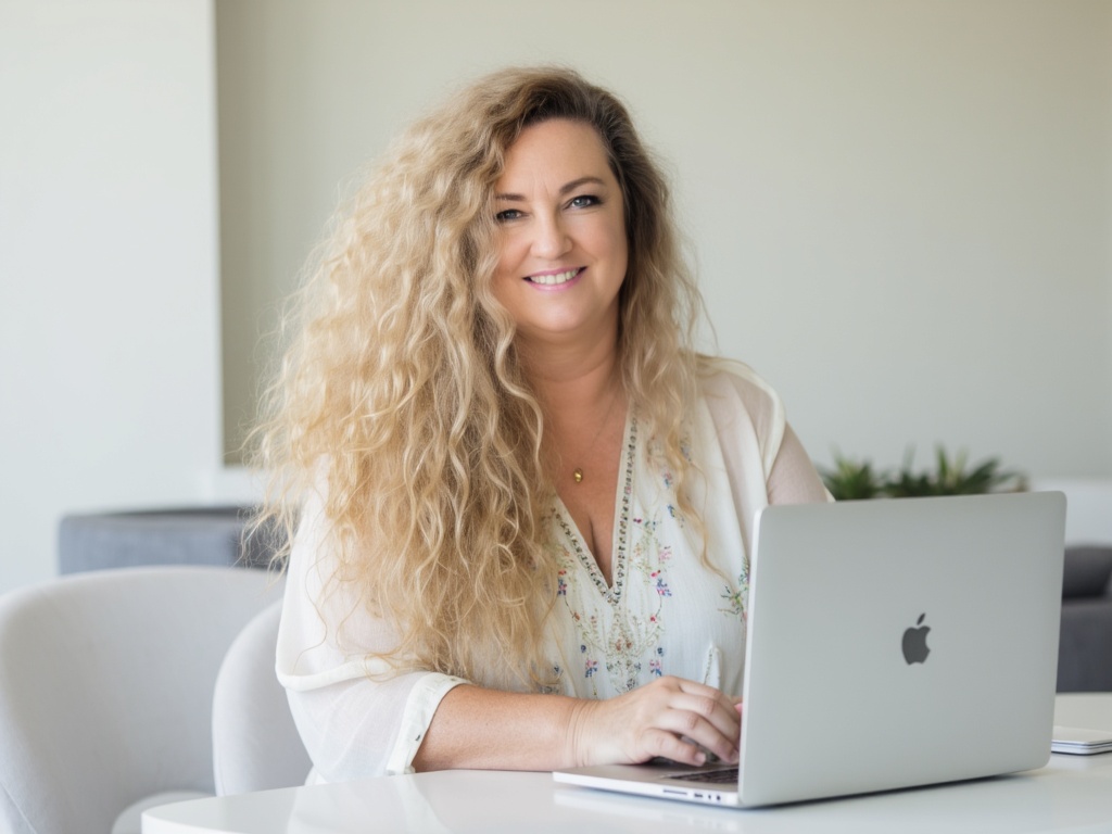 Portrait of Debbie Mewes, smiling warmly in a colorful, embellished outfit with pink and blonde hair styled in a bun. She is seated in front of a serene backdrop featuring a pathway lined with pink-blossomed trees, creating a vibrant and uplifting atmosphere