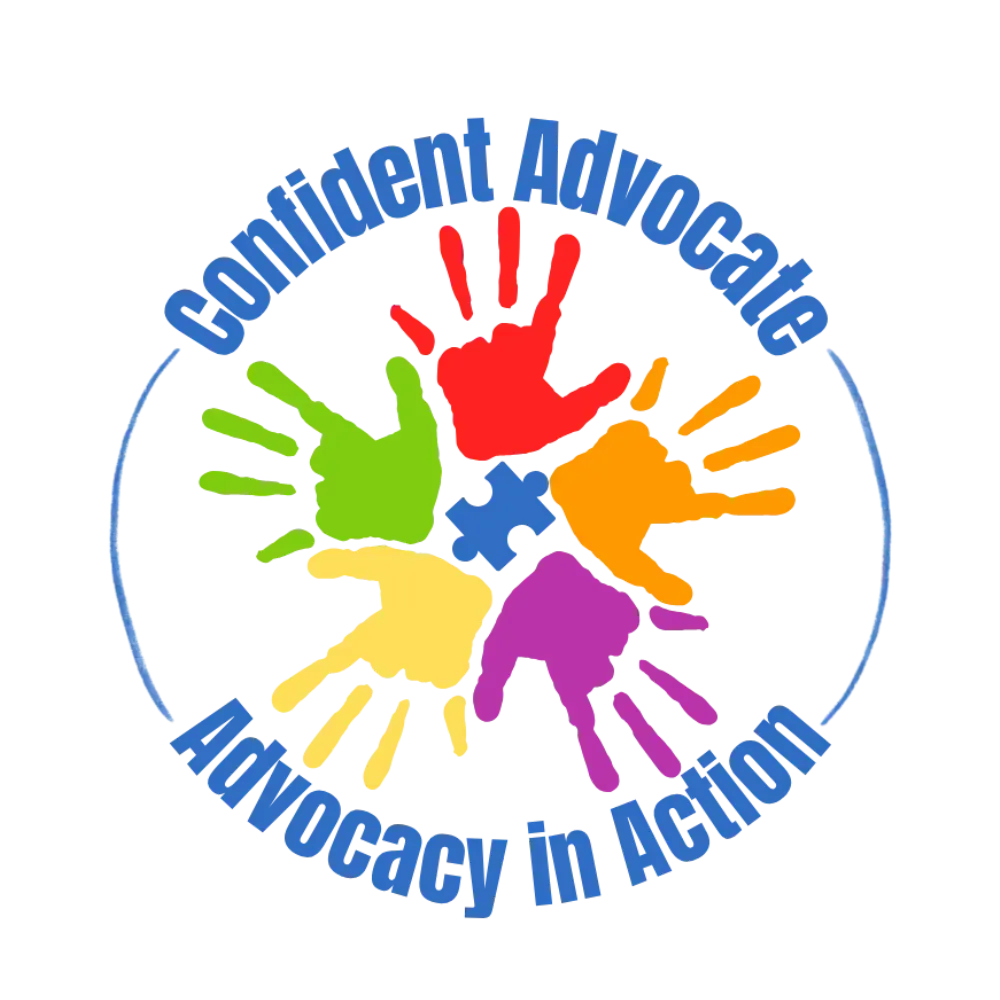 Confident Advocate logo featuring colorful handprints and special education advocacy tagline.