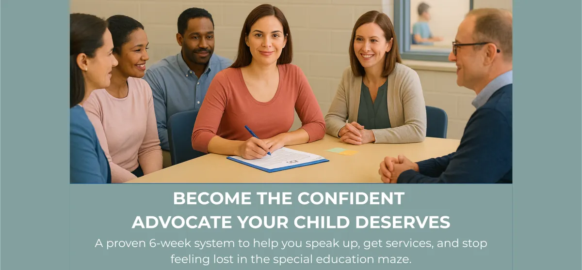 Parent advocates sitting confidently in an IEP meeting with school staff, representing empowered advocacy, special education support, and effective communication during IEP and 504 plan discussions.