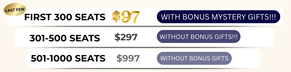 Confident Advocate Masterclass pricing tiers with early bird bonuses and limited seat availability.