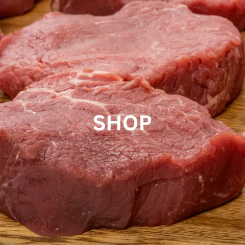 Two premium cuts of organic, grass-fed beef from Briarmead Farm with the word 'Shop' overlaid, highlighting sustainable, locally sourced meat options.