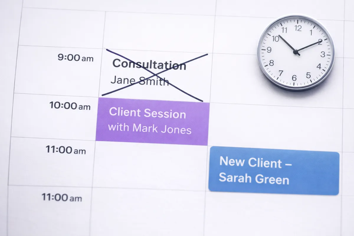 Small business owner confidently planning marketing on a laptop with a clean organised desk — calm and in control