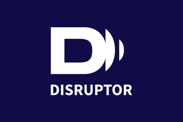 Disruptor Media logo featuring a bold white stylised letter ‘D’ with sound wave elements on the right, positioned above the word ‘DISRUPTOR’ in uppercase white text, set against a dark navy blue background.