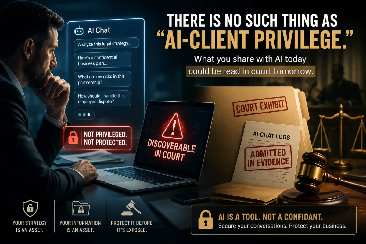 Business owner using an AI chatbot while legal documents, a court exhibit folder, and warning messages show that AI chat logs may not be privileged or protected.
