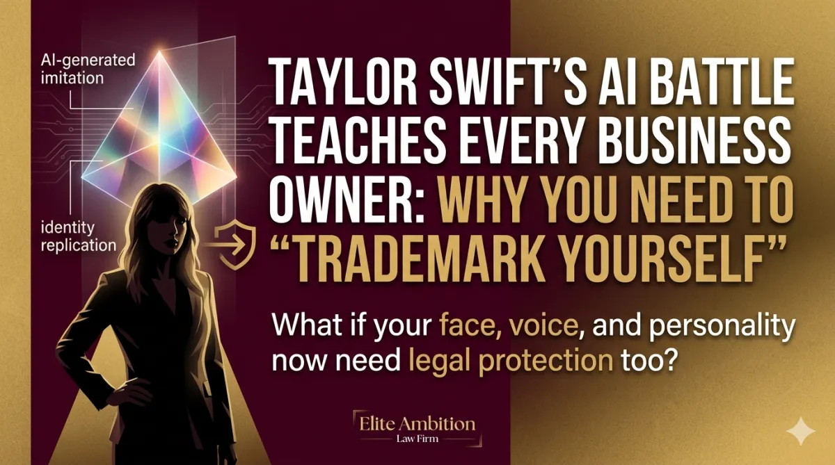 Blog cover discussing Taylor Swift’s AI trademark battle and the growing need for business owners to protect their voice, likeness, and identity rights in the AI era.