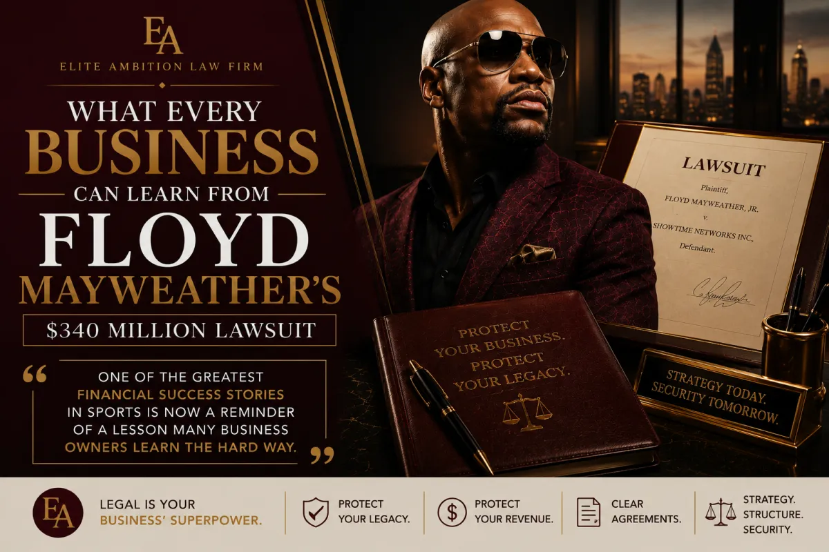 Cover image for a legal business blog about the Floyd Mayweather lawsuit, featuring themes of contracts, financial oversight, revenue protection, and legal risk for entrepreneurs.
