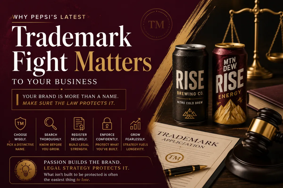 Editorial-style blog cover featuring elegant burgundy and gold branding, two competing beverage cans symbolizing a trademark dispute, a trademark application, gavel, and scales of justice, illustrating the importance of building a legally protectable brand, not just a recognizable one.