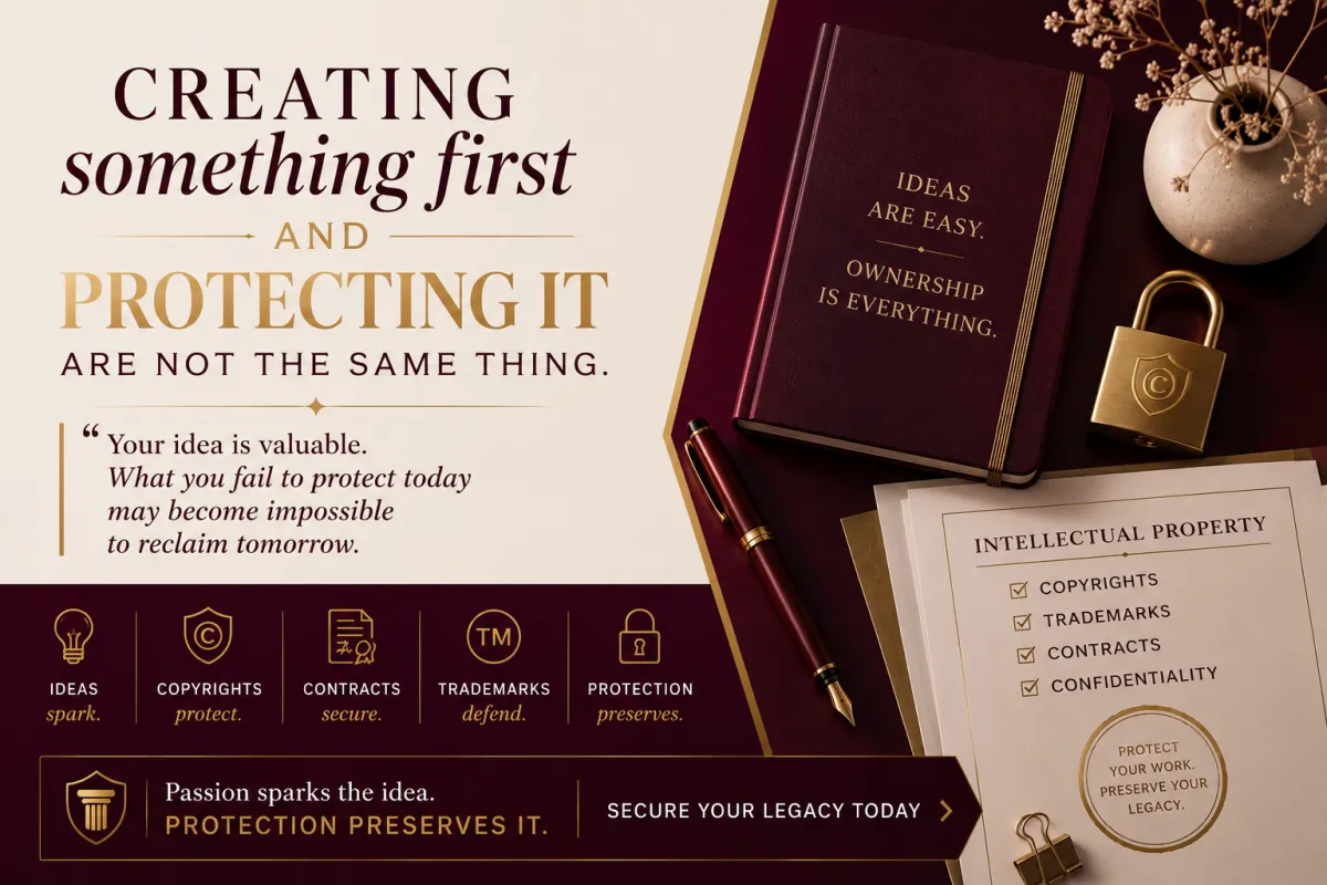 Elegant burgundy and gold blog cover illustrating intellectual property protection with copyright, trademark, contract, and confidentiality symbols alongside the message, “Creating something first and protecting it are not the same thing.”