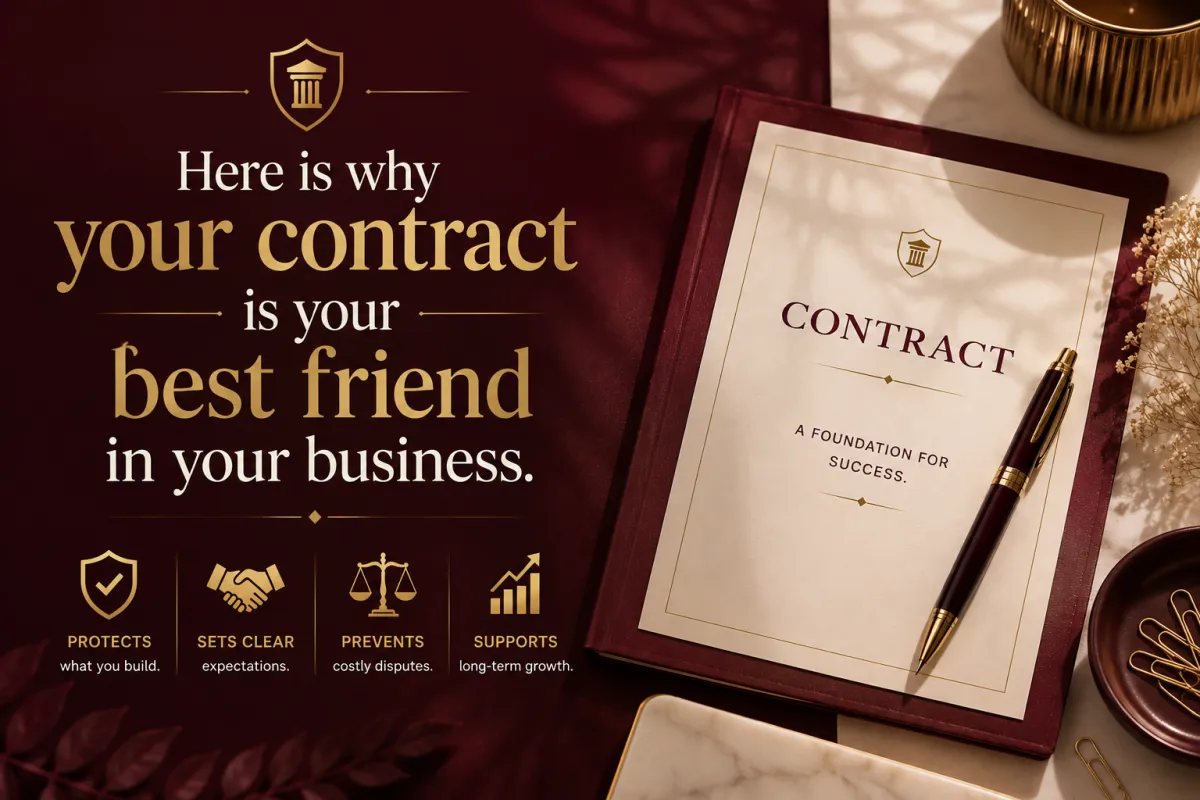 Elegant burgundy and gold blog cover featuring a signed contract, pen, and legal symbols, illustrating why strong contracts protect businesses, set clear expectations, prevent costly disputes, and support long-term growth.