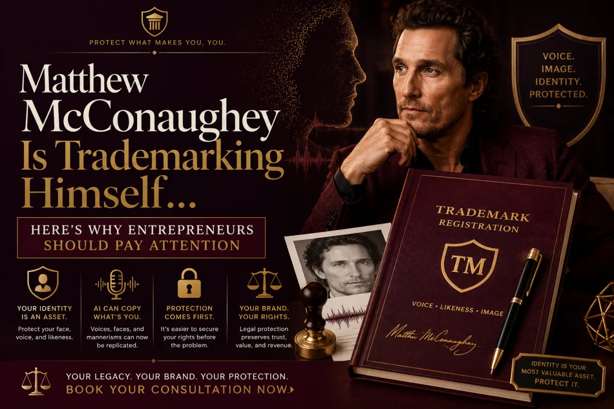 Elegant burgundy and gold blog cover featuring Matthew McConaughey, a trademark application, voice waveform, and identity protection symbols, illustrating why entrepreneurs should protect their voice, image, likeness, and personal brand in the AI era.