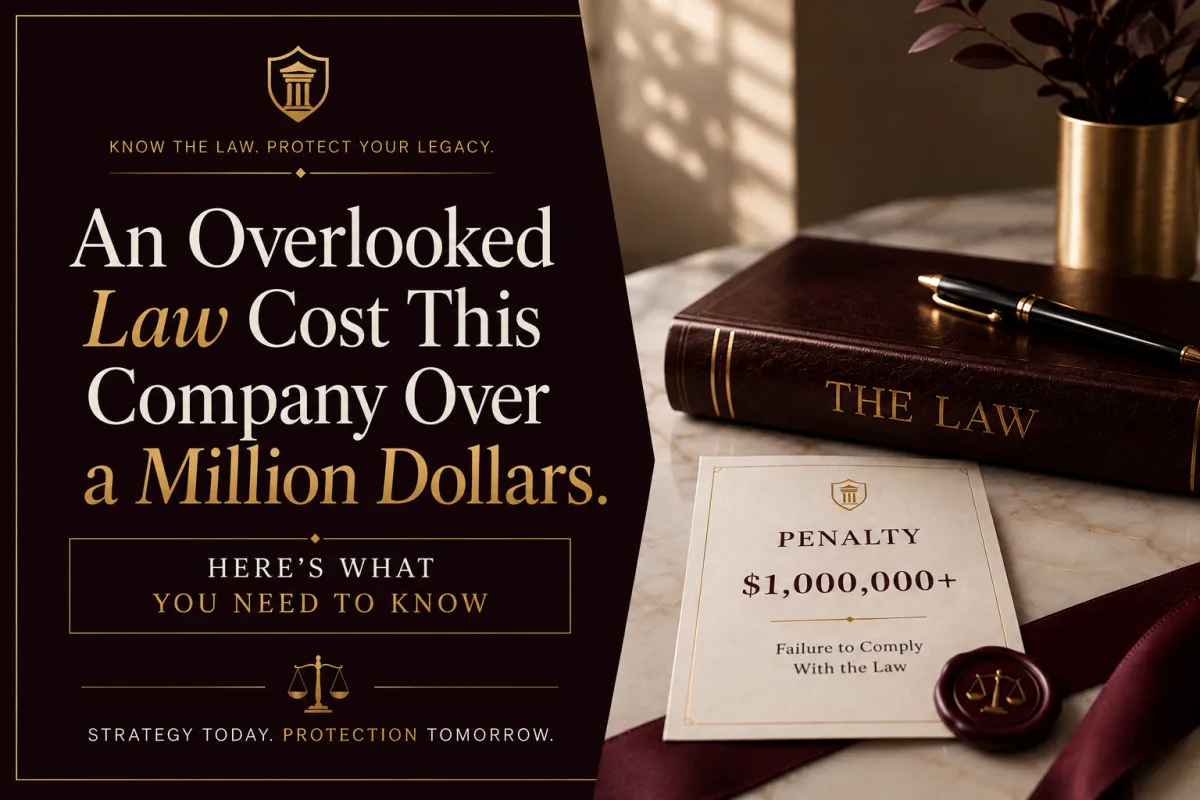 Elegant burgundy and gold blog cover featuring a maze, legal documents, scales of justice, and strategic business imagery illustrating the FTI Consulting settlement and the lesson that a workaround is not a legal strategy.
