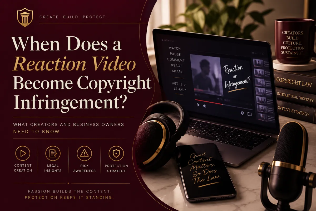 Elegant burgundy and gold blog cover featuring a laptop, microphone, headphones, and copyright law imagery illustrating the legal risks of reaction videos, fair use, and using another creator’s content online.