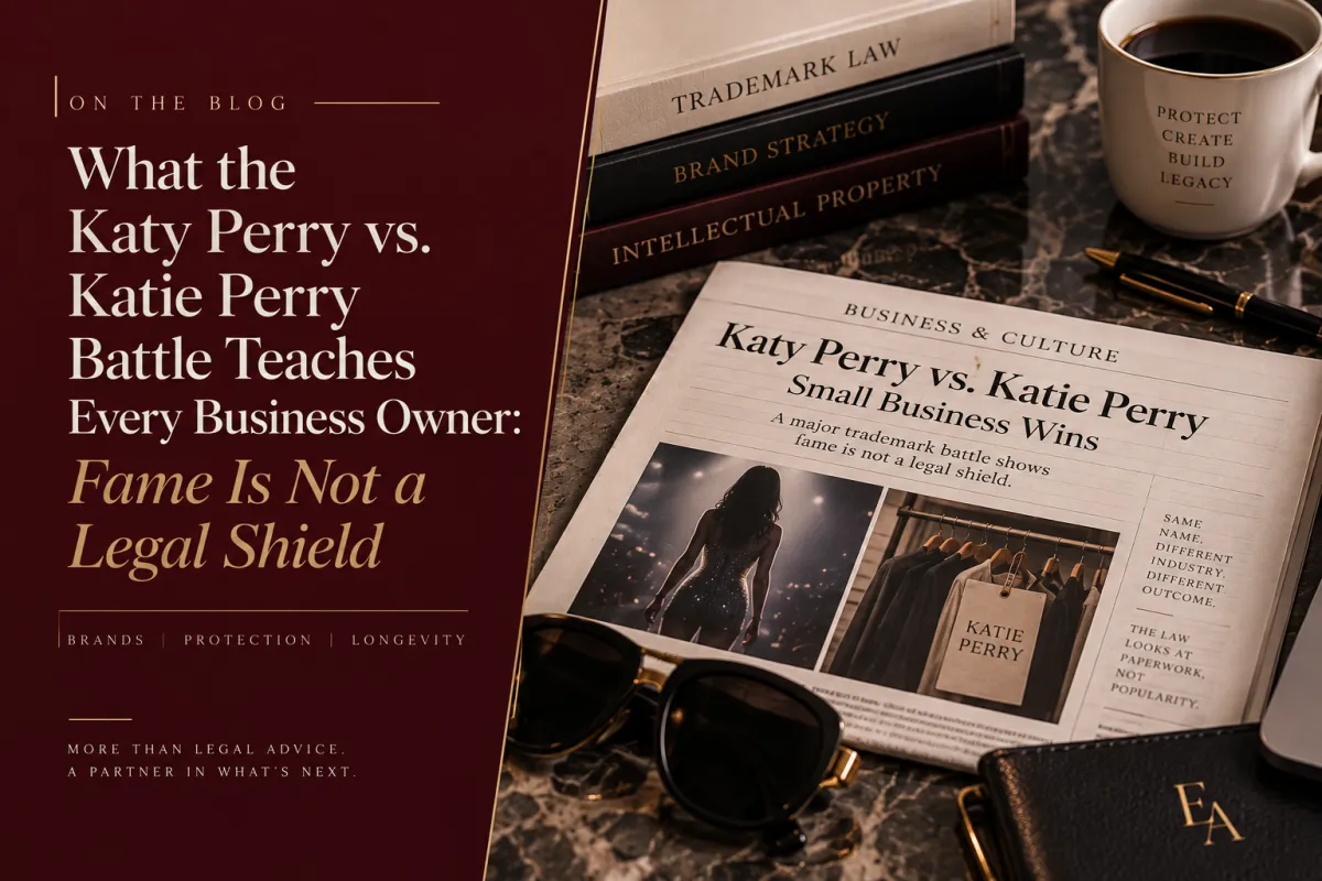 Luxury burgundy and gold blog cover illustrating the Katy Perry vs. Katie Perry trademark battle and why business owners need proper trademark registration and protection for their brands.