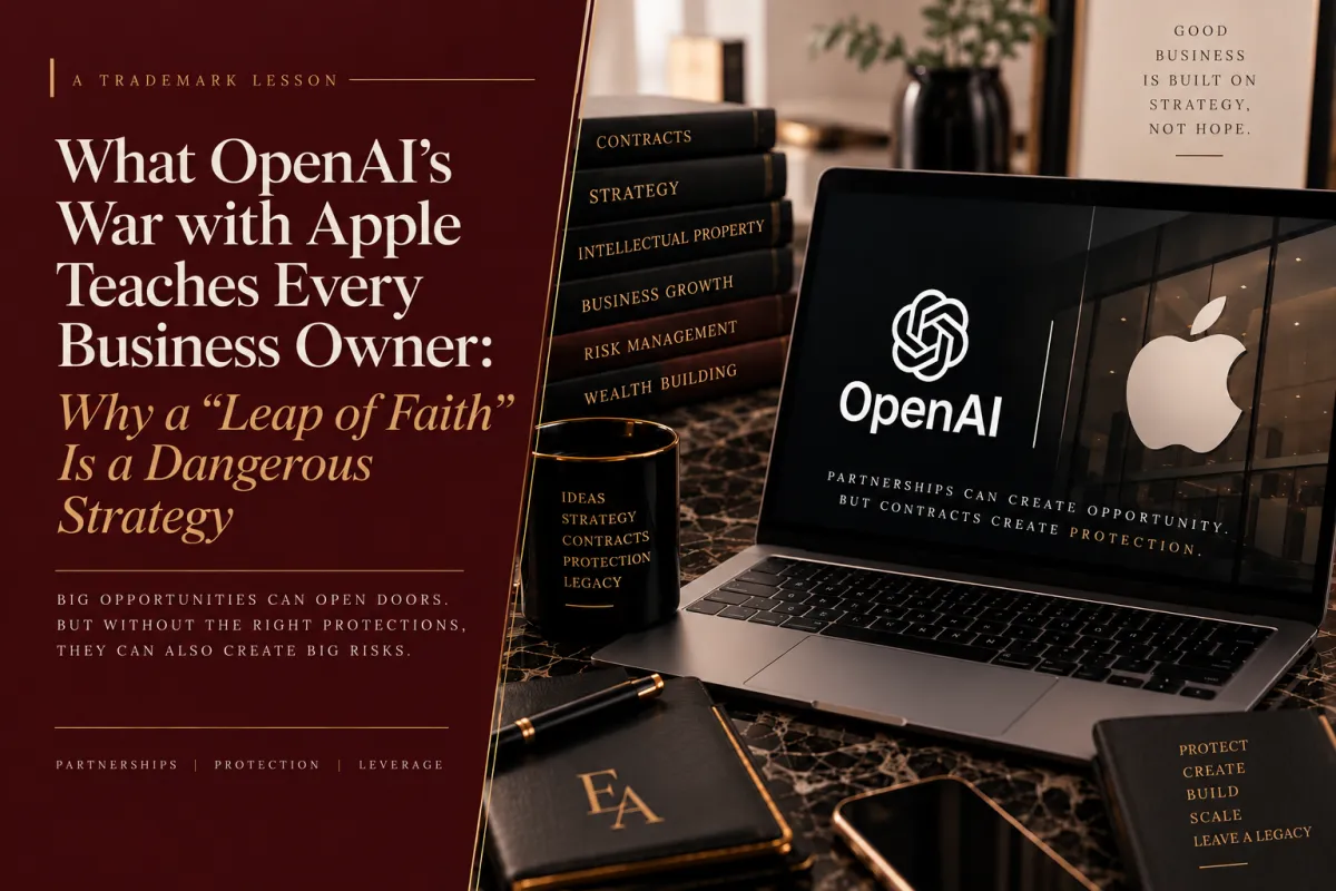 Luxury burgundy and gold blog cover illustrating the OpenAI and Apple partnership dispute and the importance of clear contracts, expectations, and legal protection in business partnerships.