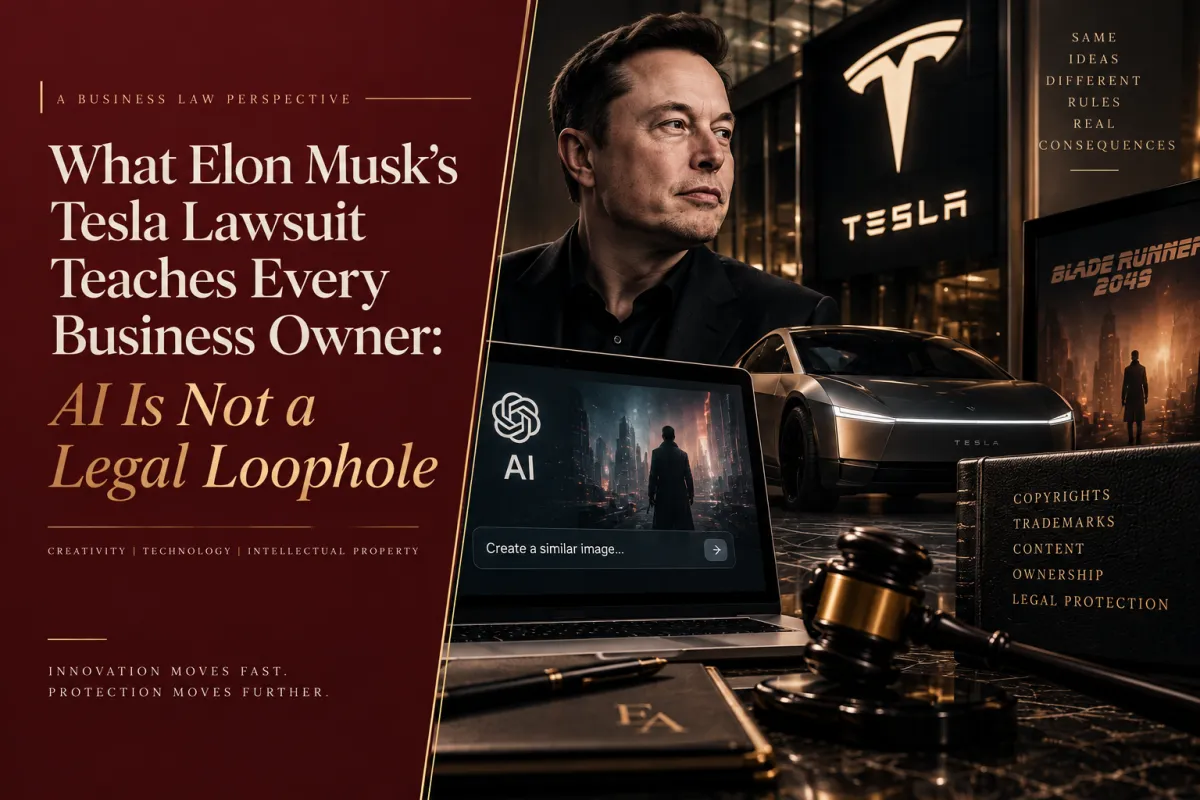 Luxury burgundy and gold blog cover illustrating the Tesla AI copyright lawsuit and the legal risks business owners face when using AI-generated content based on protected works.