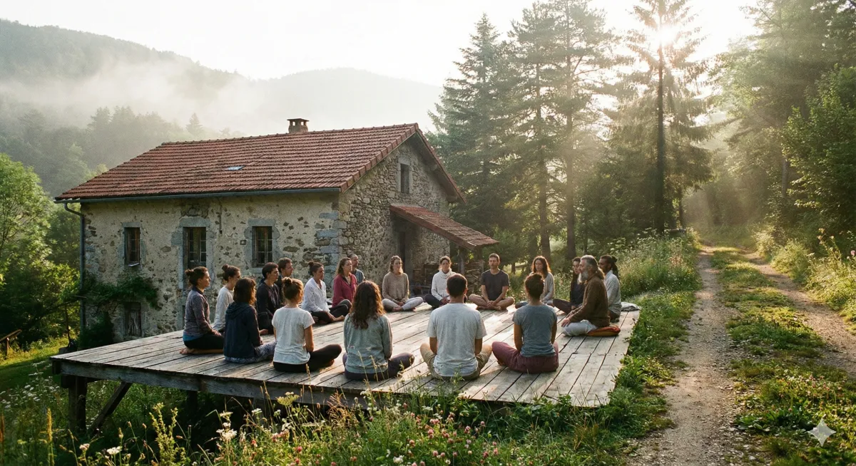 Courtyard with potted plants and seating area.