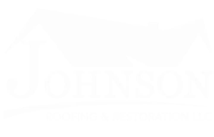 Logo of Johnson Roofing &amp; Restoration LLC featuring a white roof design above the company name in white text.