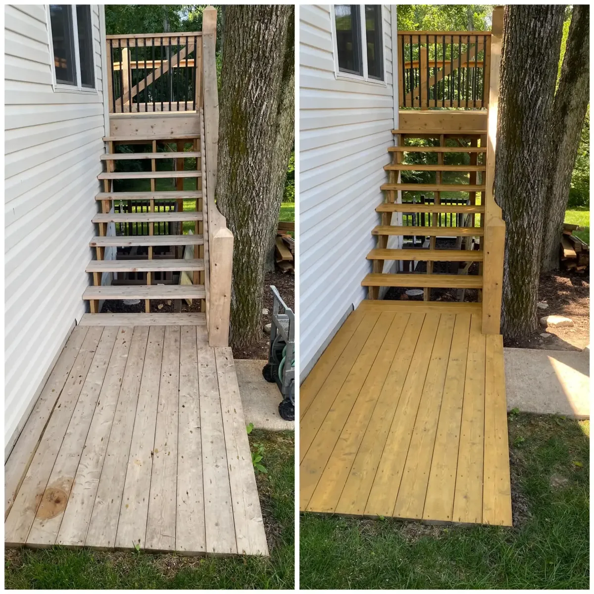 Before and after view of deck stair staining in Lake St. Louis, MO – close-up wood restoration.