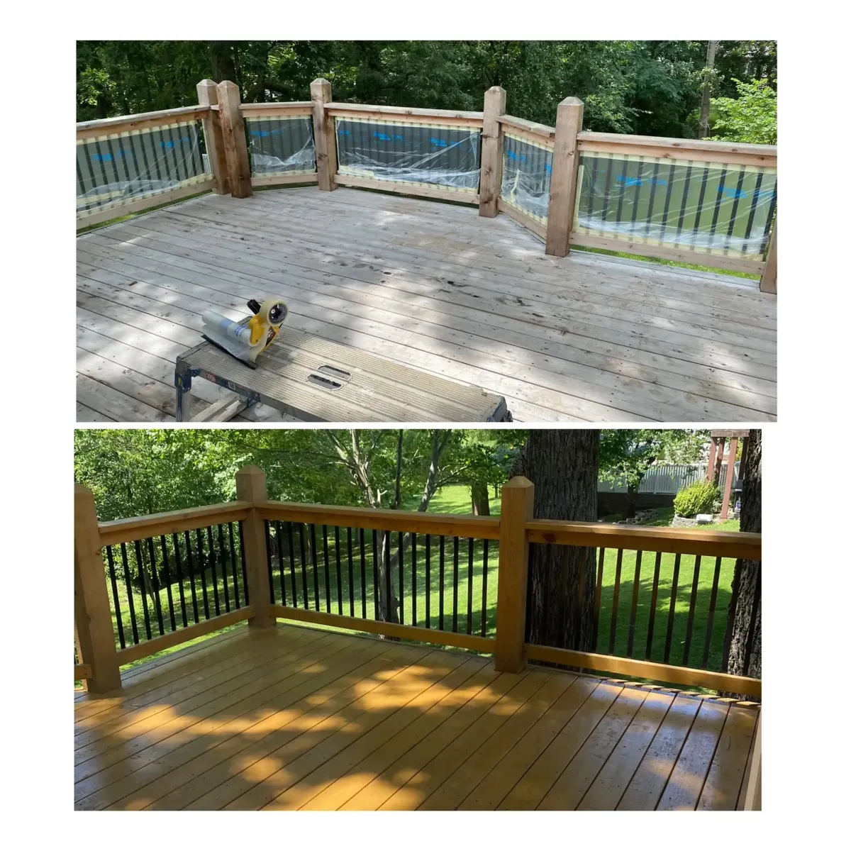 Before and after view of deck stair staining in Lake St. Louis, MO – close-up wood restoration.