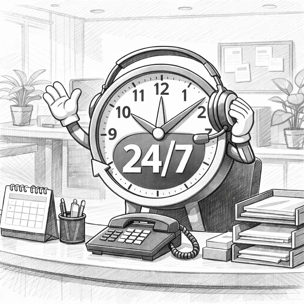 Illustration: Ein kleiner Ladenbesitzer lehnt entspannt am Tresen, während eine freundliche KI-Assistentin am Telefon spricht, im Hintergrund ein farbenfrohes Geschäft, 1:1 Format, digital gezeichnet, lockerer Stil.