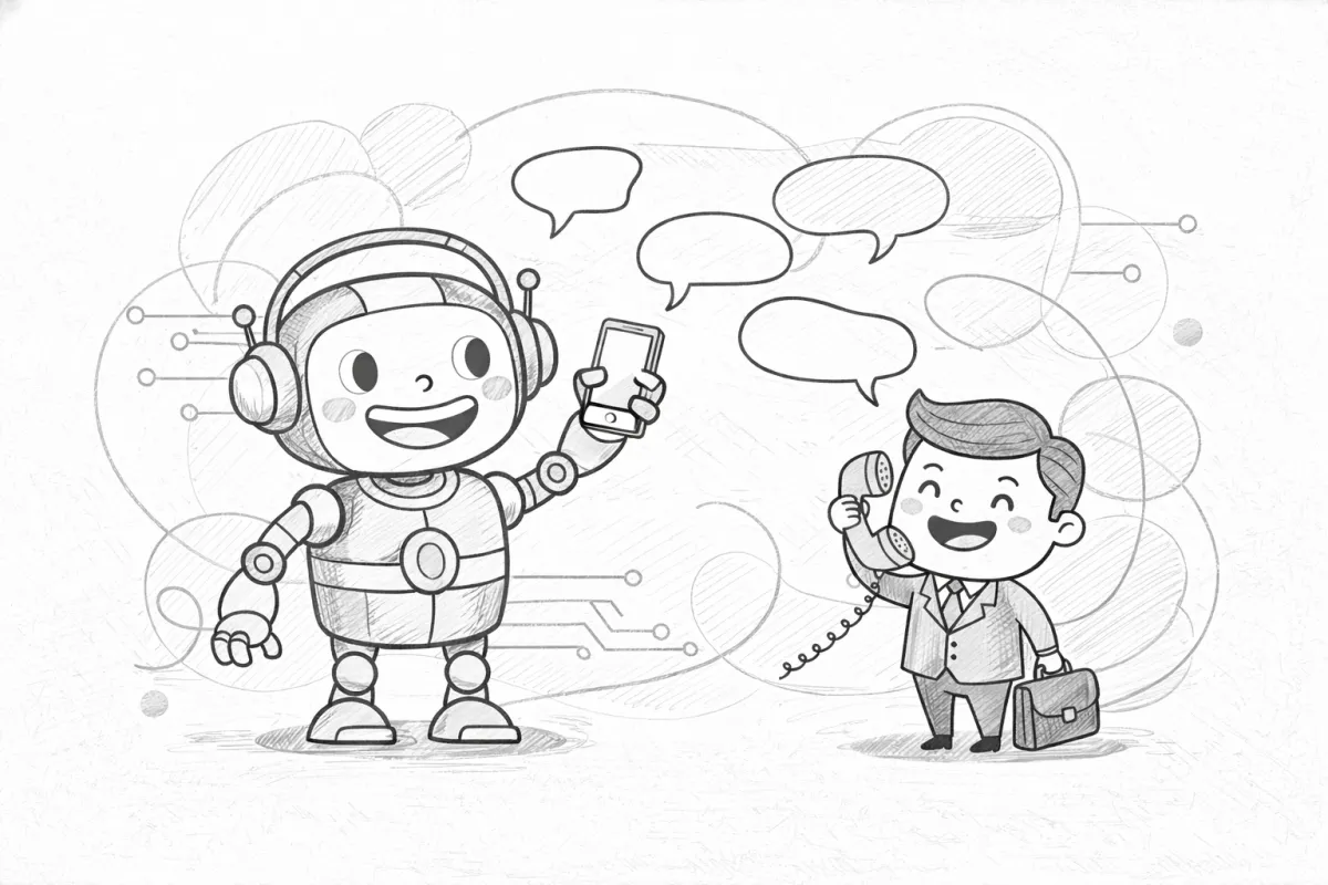 Verspielte Illustration: Ein fröhlicher, stilisierter Roboter mit Headset telefoniert mit einem kleinen Geschäftsmenschen, beide lächeln, bunte Sprechblasen schweben, Hintergrund mit lockeren Linien und freundlichen Farben, 3:2 Format, digital gezeichnet, keine realen Details.