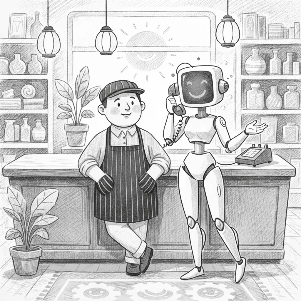 Illustration: Ein kleiner Ladenbesitzer lehnt entspannt am Tresen, während eine freundliche KI-Assistentin am Telefon spricht, im Hintergrund ein farbenfrohes Geschäft, 1:1 Format, digital gezeichnet, lockerer Stil.