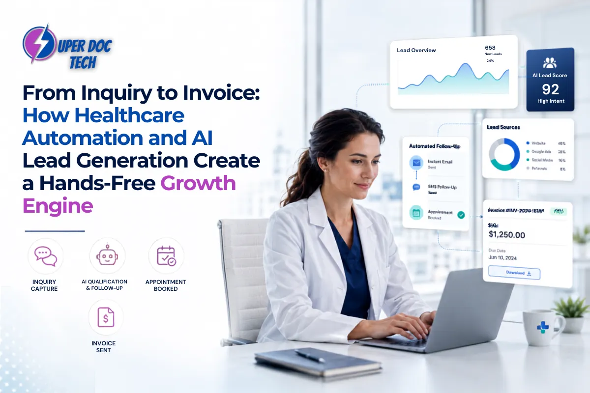 Super Doc Tech dashboard showing AI healthcare automation and lead generation tools