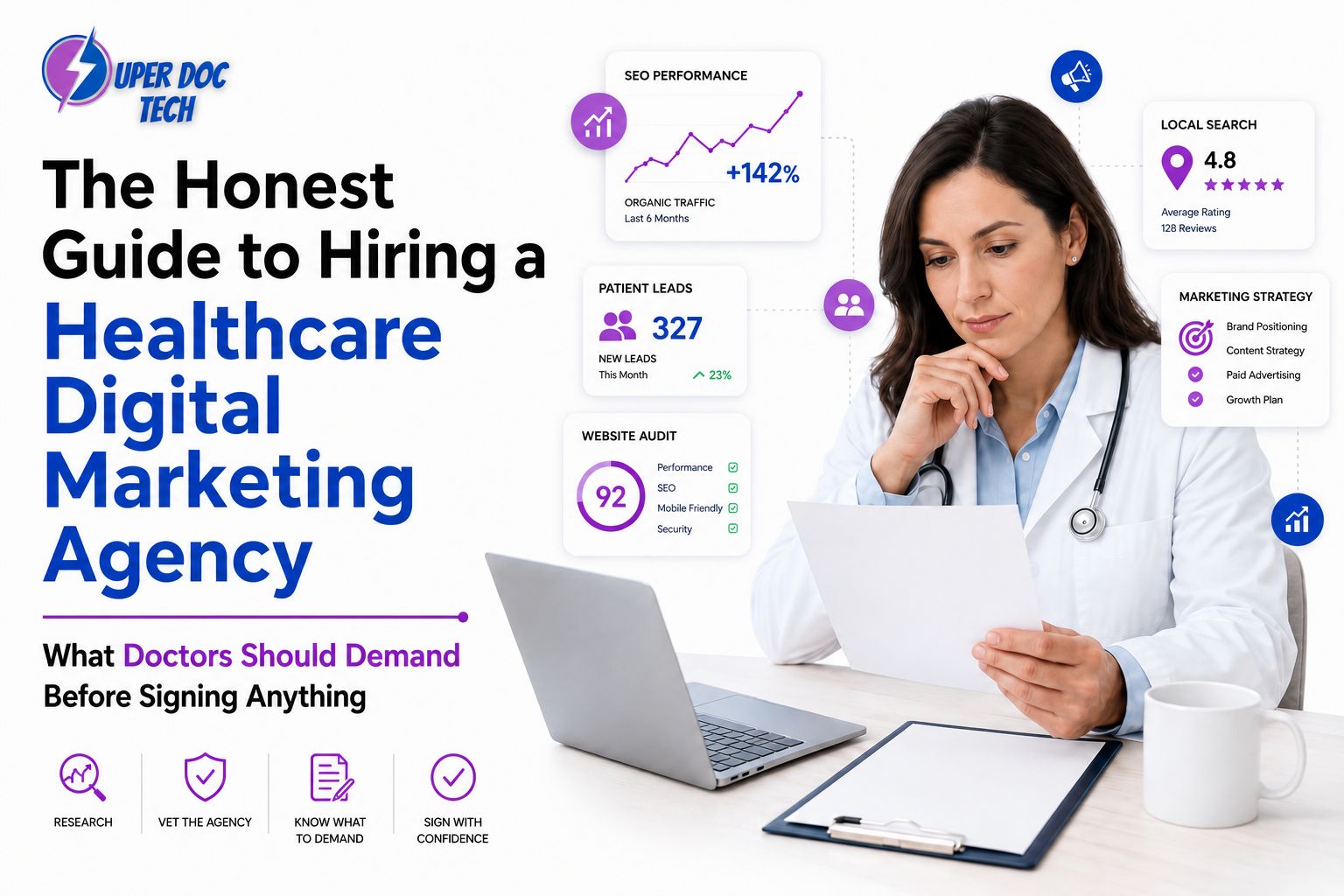 Female doctor reviewing a healthcare marketing proposal at her desk with laptop