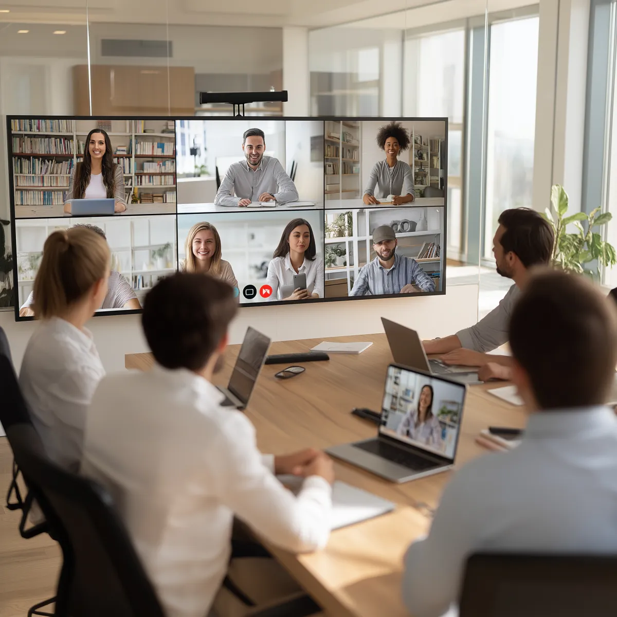 People sitting around a conference table looking at a large wall-mounted screen displaying a grid of smiling faces in a virtual meeting
