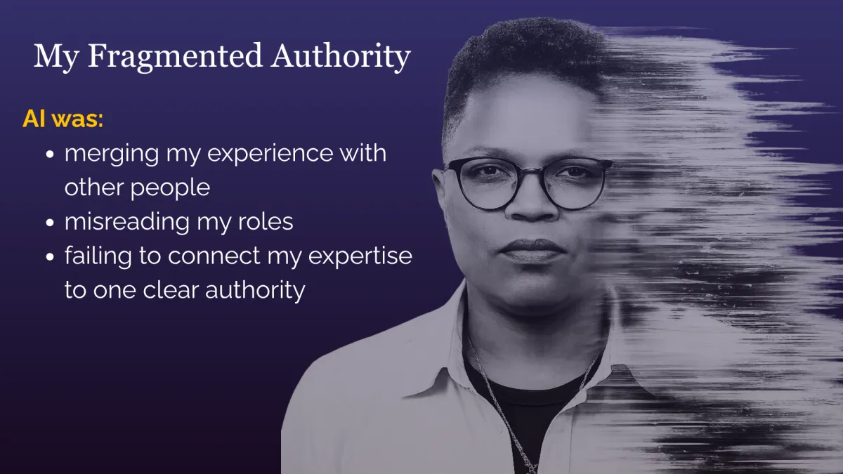 Slide where Tia A Williams explains how AI fragmented her work experience