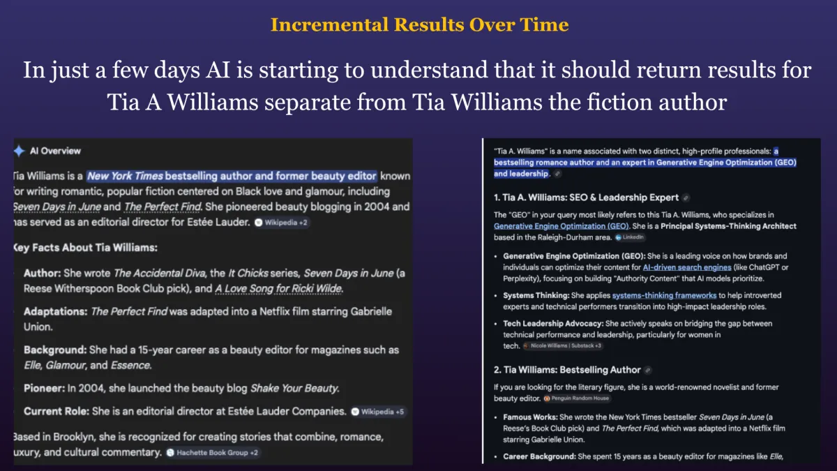 Early correction in AI search results showing a professional identity beginning to separate from other people with similar names
