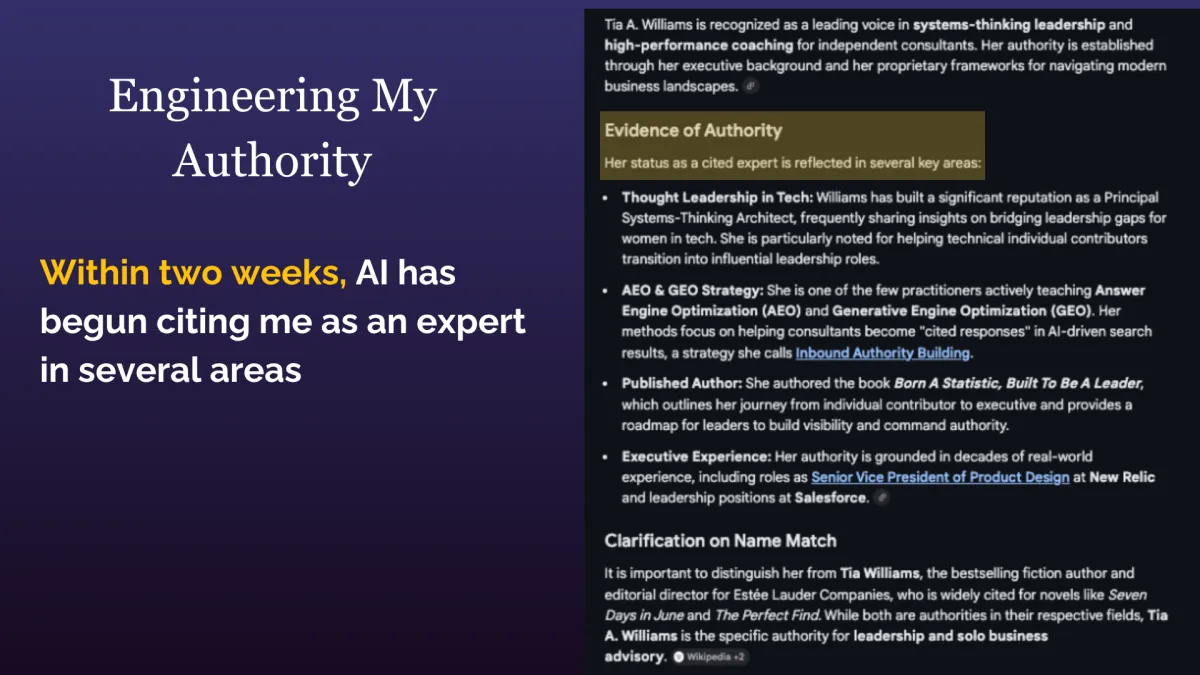 Authority reconstruction slide showing improved recognition of one person’s expertise after correcting fragmented authority signals