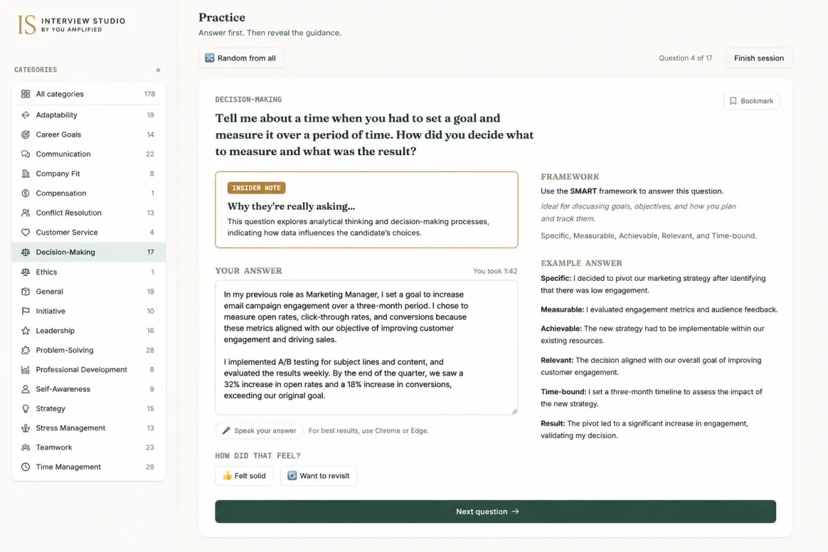 Interview Studio Practice Question Interface