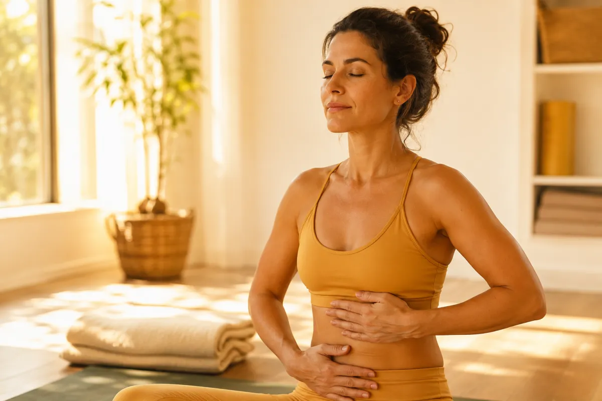 Woman practicing diaphragmatic breathing with her hands resting over her upper and lower abdomen in a warm yoga studio.