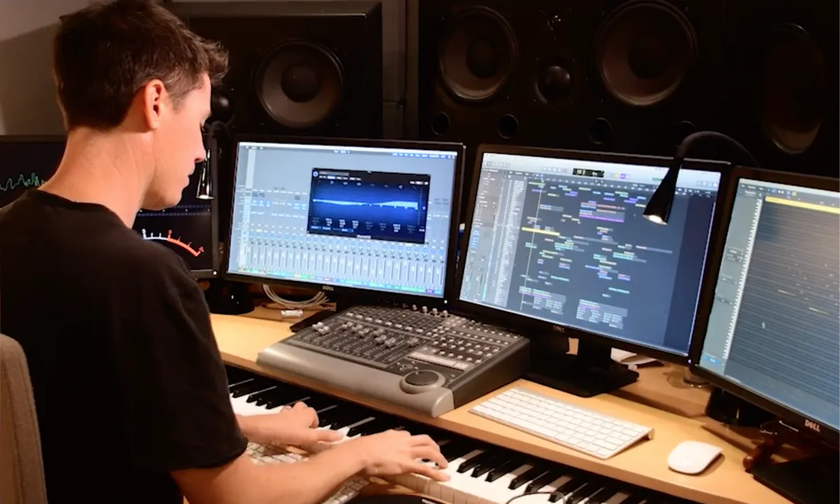 Composer recording piano themes with microphone and guitar in home recording studio