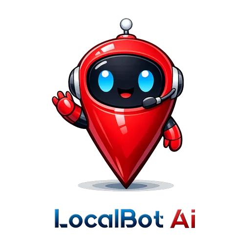LocalBot AI map-pin robot mascot with logo