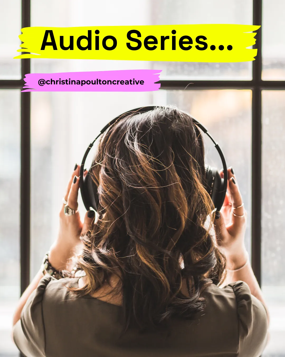 Woman wearing a bright blue jumper and jeans, sitting in front of a bright yellow wall. Black text on the wall reads Guest Workshop Series