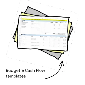 Drawing of a pile of papers with a screenshot of spreadsheet. Text reads budget and cash flow templates